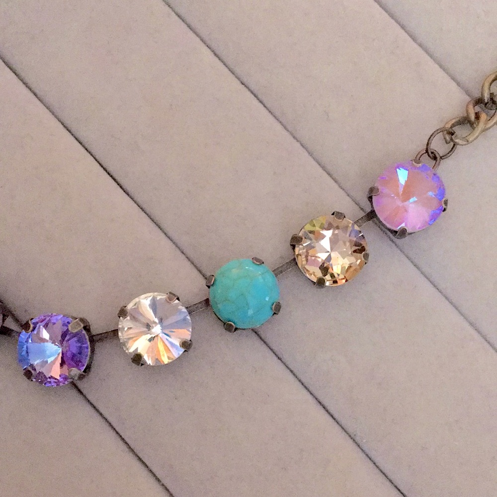 Turquoise, Lilac Purple Opal AB + Champagne Topaz Antique Brass Crystal Necklace - Picture 9 of 14